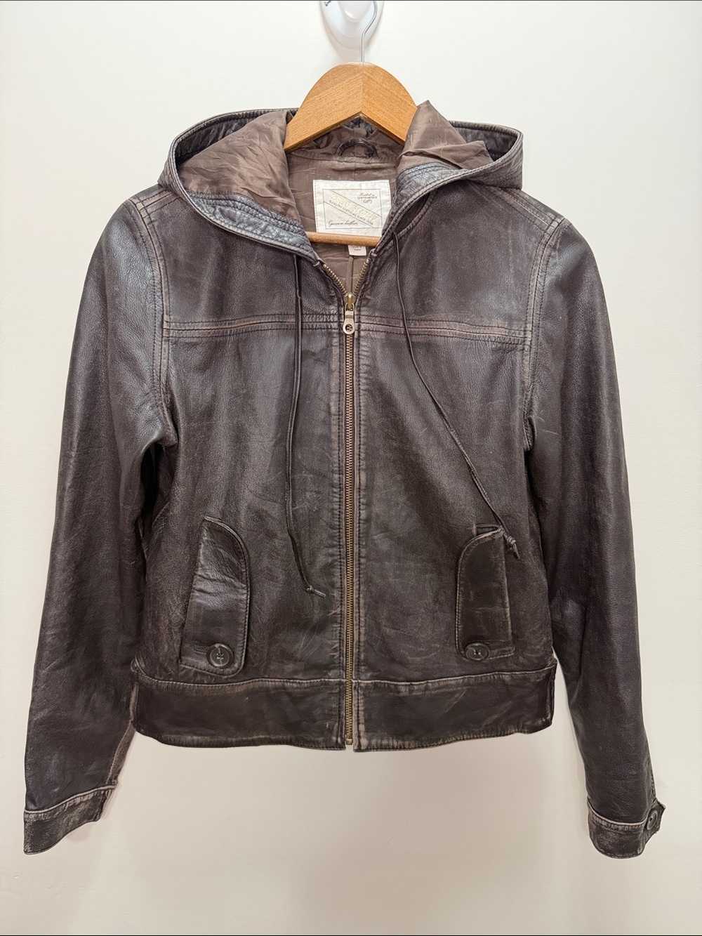 Vintage Y2K Old Navy Dark Brown Leather Hooded Jacket 22x19.5